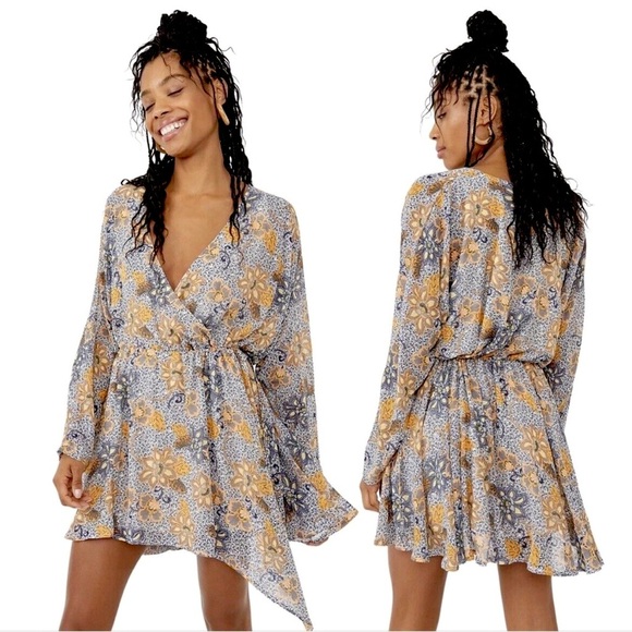 Free People Teegan Floral Long Sleeve Mini Dress Sky Combo Blue Size L - Picture 1 of 15